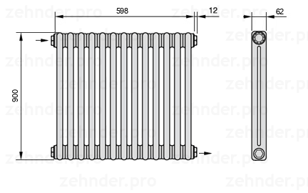 Схема (чертеж) Радиатор Zehnder Charleston 2090/13 №1670 Белый глянцевый RAL 9016